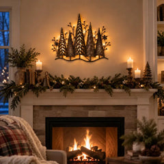🎄🕯️ Kovová nástěnná dekorace s motivem lesa, ve vintage stylu s osvětlením 🌙