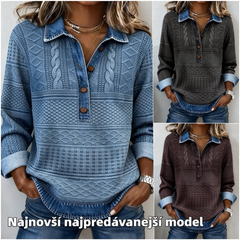 Dámský retro top s džínovými detaily [S–5XL] – Texturovaný vzor, límeček a pohodlný volný střih