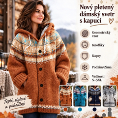 ✨ Nový dámský pletený svetr s kapucí, geometrickým vzorem a zapínáním na knoflíky, ideální na podzim a zimu, velikosti S–5XL.