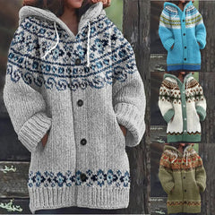 ✨ Nový dámský pletený svetr s kapucí, geometrickým vzorem a zapínáním na knoflíky, ideální na podzim a zimu, velikosti S–5XL.