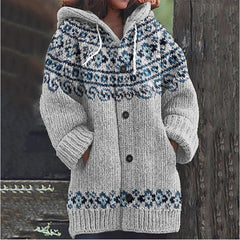 ✨ Nový dámský pletený svetr s kapucí, geometrickým vzorem a zapínáním na knoflíky, ideální na podzim a zimu, velikosti S–5XL.