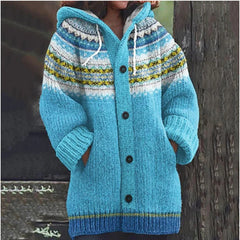 ✨ Nový dámský pletený svetr s kapucí, geometrickým vzorem a zapínáním na knoflíky, ideální na podzim a zimu, velikosti S–5XL.