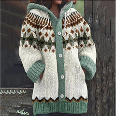 ✨ Nový dámský pletený svetr s kapucí, geometrickým vzorem a zapínáním na knoflíky, ideální na podzim a zimu, velikosti S–5XL.