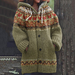 ✨ Nový dámský pletený svetr s kapucí, geometrickým vzorem a zapínáním na knoflíky, ideální na podzim a zimu, velikosti S–5XL.